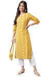 Janasya Women's Yellow Cotton Ethnic Motif Printed Straight Kurta