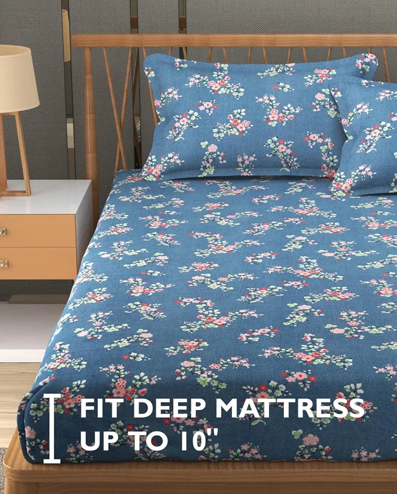 FRESH FROM LOOM Anti Fade Floral Print 240 TC Microfiber King Size Fitted Bedsheet with 2 Pillow Covers  | Greyish-Blue)