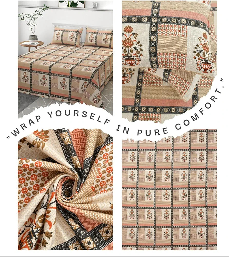 Ultra Super Soft 100% Pure Cotton Double Bedsheet with Two Pillow Covers for Your Bedroom | Floral & Block Printed Premium Bedsheet 