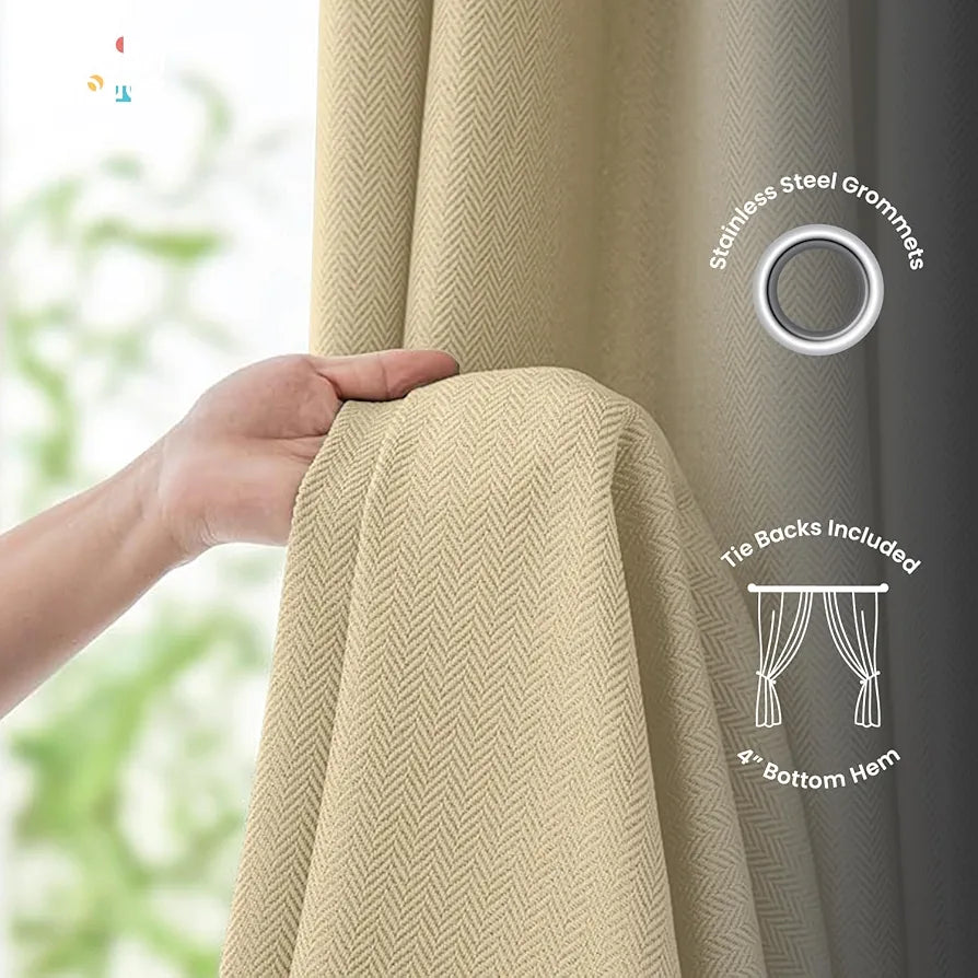 Urban Space Blackout Curtains for Door 7 Feet Long Set of 2, Embossed Herringbone Design, 100% Light Blocking Curtain for Living Room, Curtains with Eyelets & Tieback 