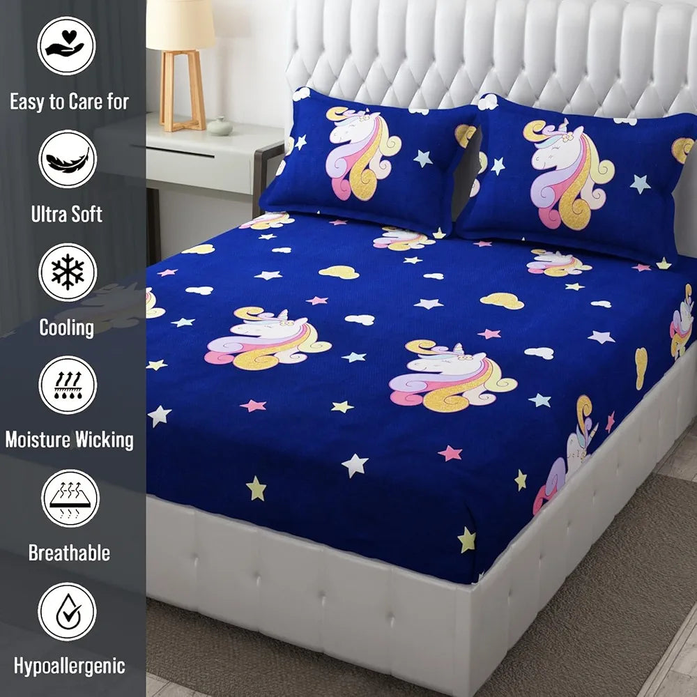 FRESH FROM LOOM 300 TC Glace Cotton Wrinkle Free Soft Elastic Fitted Bed Sheet|Cartoon Printed Bedsheets King Size For Kids With 2 Pillow Cover |Dinosaur/Blue)