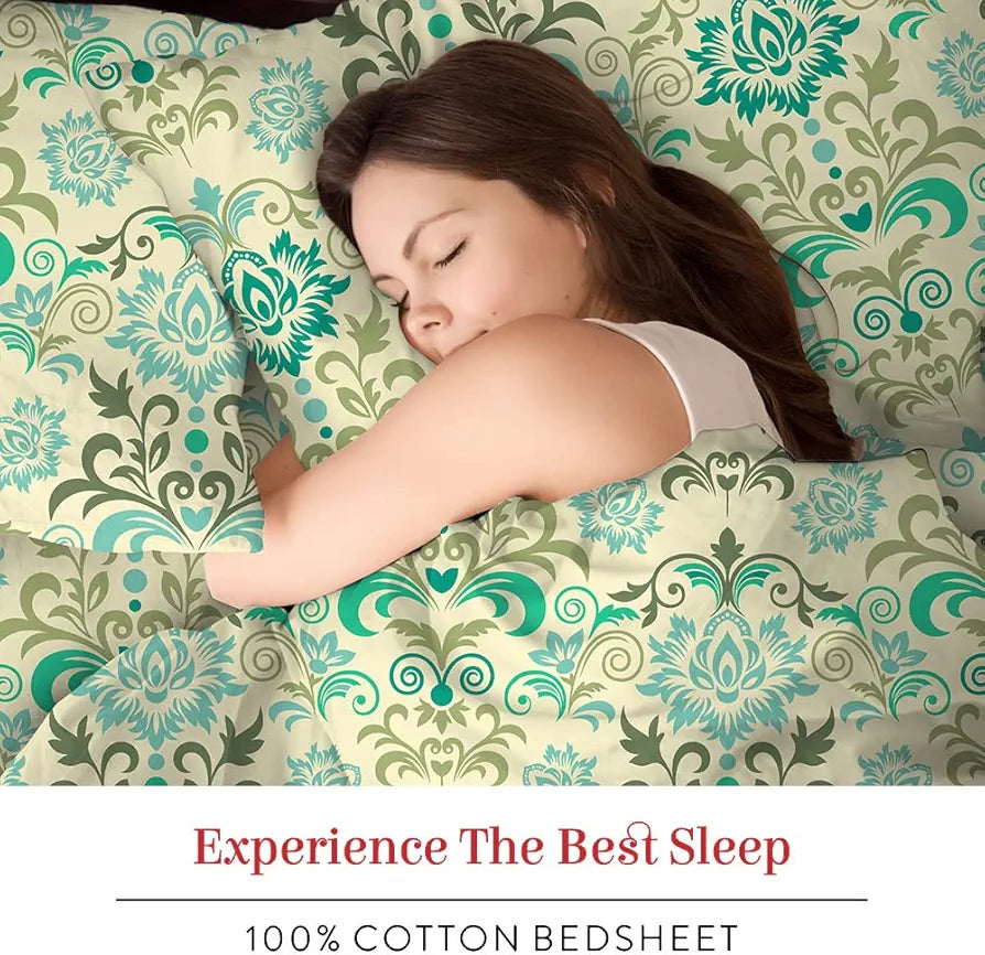 Layers Classic 100% Cotton Bedsheet Set for All Seasons - Lightweight, Moisture Absorbent, Machine Washable & Easy to Care - Gift for Housewarming & More - 104 TC - Queen Size 