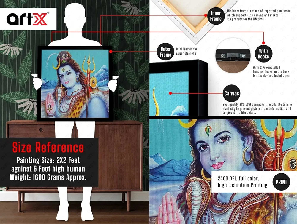 ArtX Mahadev Shiv Shankar Bhole Nath Big Canvas Painting For Living Room With Frame, Multicolour, Square, 24.0 x 24.0 inch, 2x2 Feet, Set Of 1