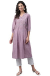 Janasya Women's Lavender Dobby Cotton Solid Gathered Kurta