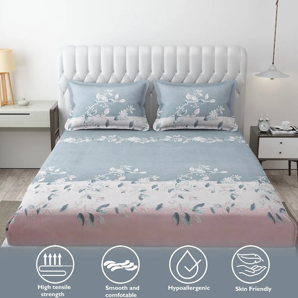 FRESH FROM LOOM King Size Floral Print Microfiber Fitted Bedsheet Set - 240 TC, Anti Fade, Includes 2 Pillow Cover | Grey, Walnut)