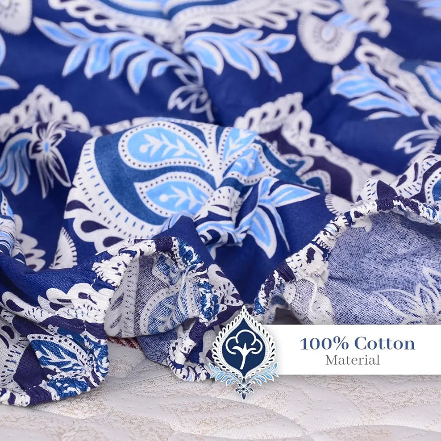 Divine Casa 144 TC Floral Blue 100% Elastic Fitted Printed King Size Double Bed Bedsheet with 2 Pillow Cover for Bedroom - 78 x 72 inches