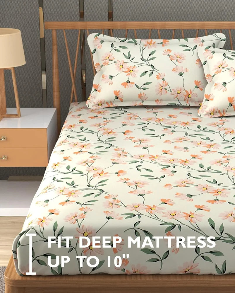 FRESH FROM LOOM King Size Microfiber Floral Print Fitted Bedsheet - 240 TC, Hypoallergenic, Includes 2 Pillow Covers  | Barely-Peach)