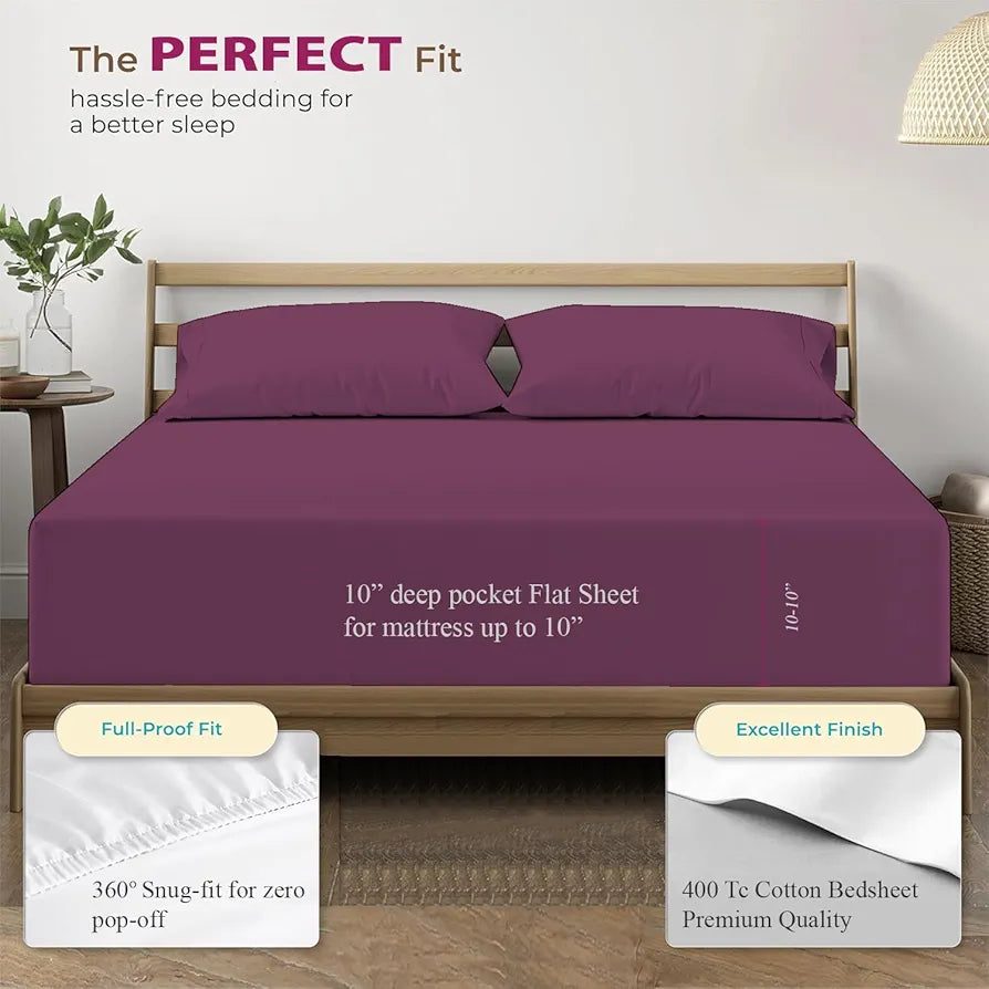 Trance Home Linen 100% Cotton 78x72 inch King Elastic Fitted Bedsheet | 400TC Soft Durable Plain Fitted Elastic Bed Sheet with 2 Pillow Covers 