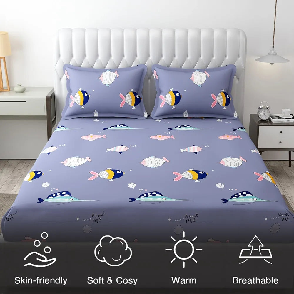 FRESH FROM LOOM Glace Cotton Wrinkle Free Soft Hypoallergenic Elastic Fitted Cartoon Printed Bedsheets for Kids with 2 Pillow,Fish/Blue),Double Bed,300 TC