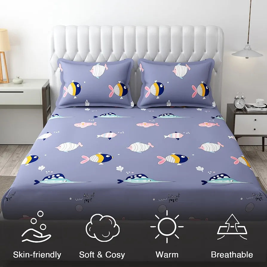 FRESH FROM LOOM Glace Cotton Wrinkle Free Soft Hypoallergenic Bed Sheet | Cartoon Printed Double Bedsheets King Size with 2 Pillow Cover 144 TC