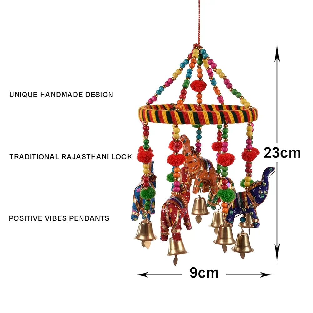 Kuber Industries Rajasthani Traditional Windchimes|Hanging Ring Elephant with Bells|Polyester Handcrafted Latkan|Decorative Door Hanging Latkan 