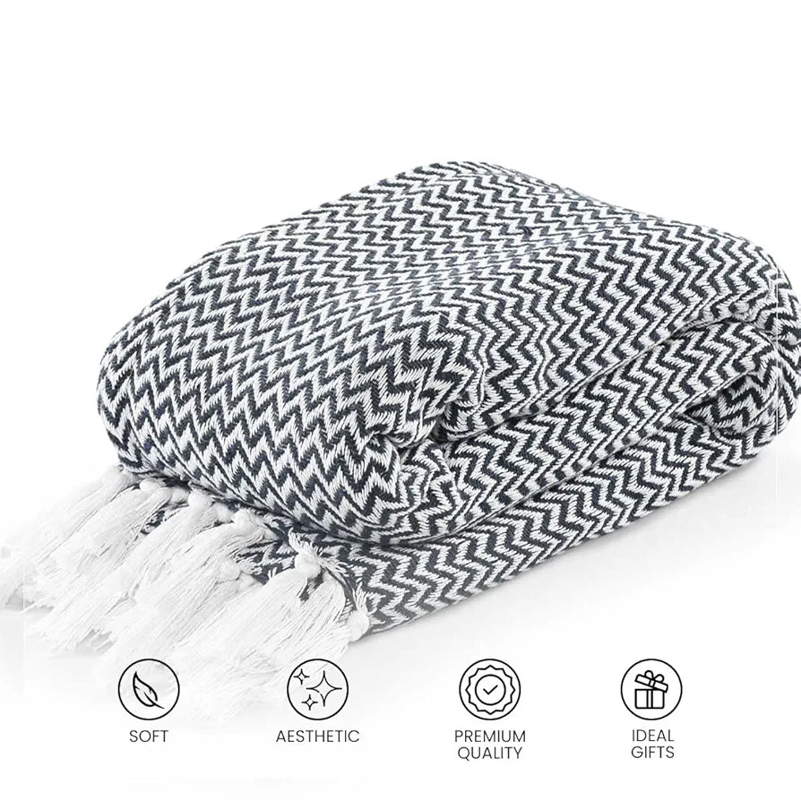 SASHAA WORLD Chevron Throw Blanket Handwoven with Fringes | Throw for Living Room, Bed, XL Sofa & Chair | Navy Throw Blanket | 170x250 cm Pack of 1