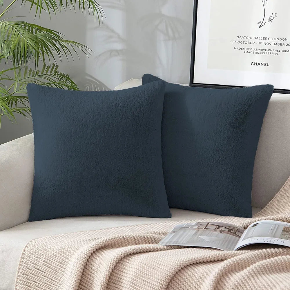 Luxe Home Cushion Cover 16 inch x 16 inch One Side Rabbit Fur Plain Design Covers Set of 2 for Sofa, Bedroom, livingroom 