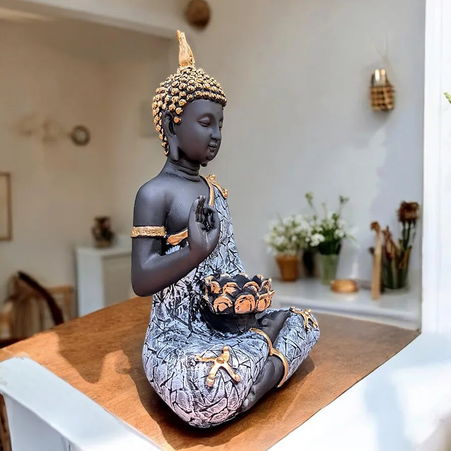 NEELAYA Meditating Buddha Statue with Tealight Holder Polyresin Showpiece for Home Decor Living Room Office Table Vastu Gift Housewarming 28 cm Black Grey