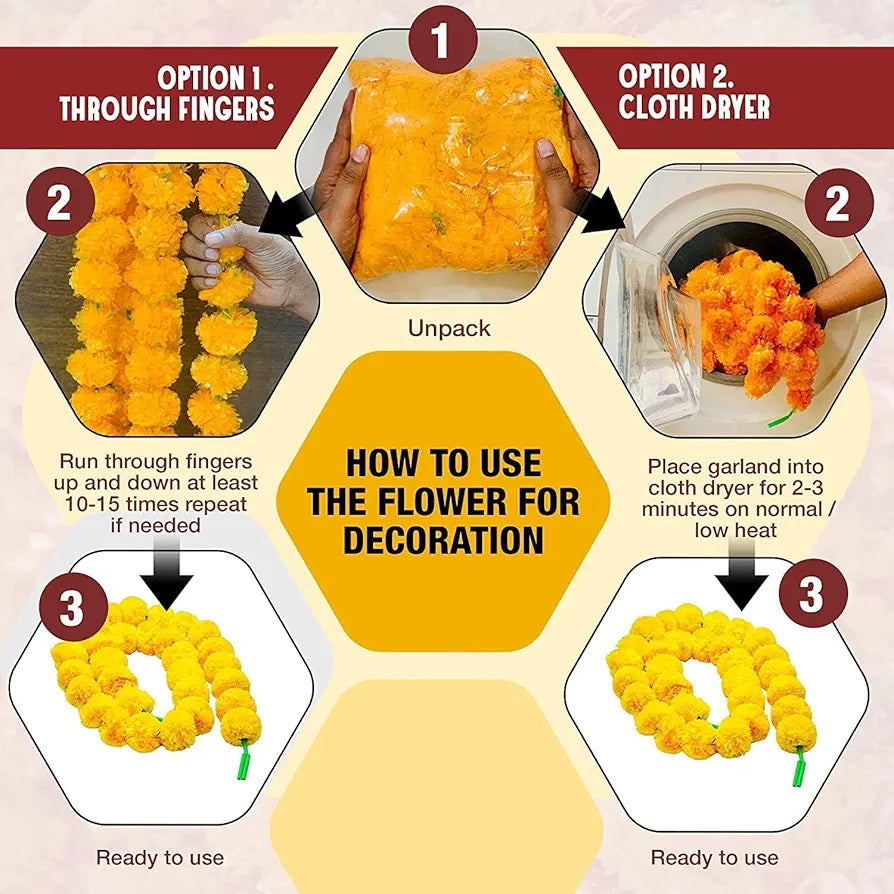 DRYPHON Artificial Marigold Garlands, Diwali & Pooja Room Decorations - Pack of 10 