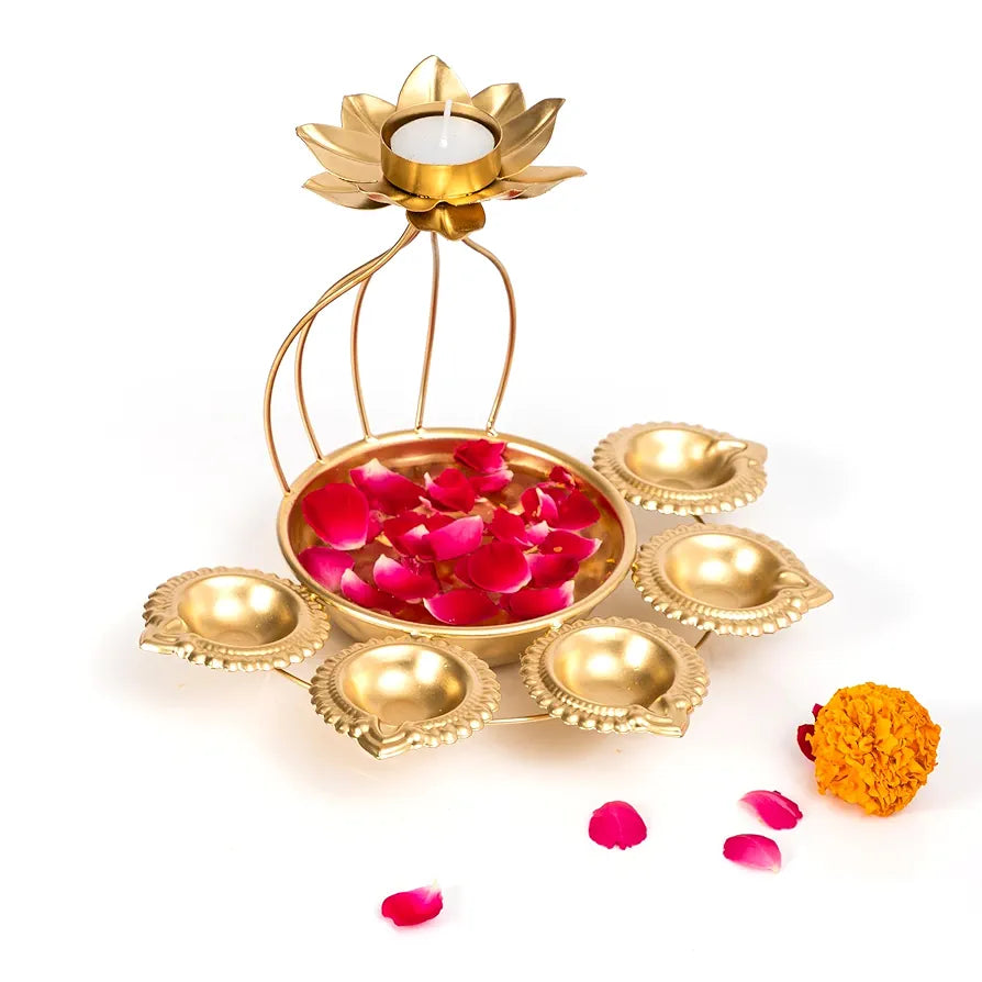 CraftVatika Metal Lotus Tealight Candle Holder for Diwali Decoration Items with Base of Urli Bowl and Diya - Gold , Diwali Gift Items