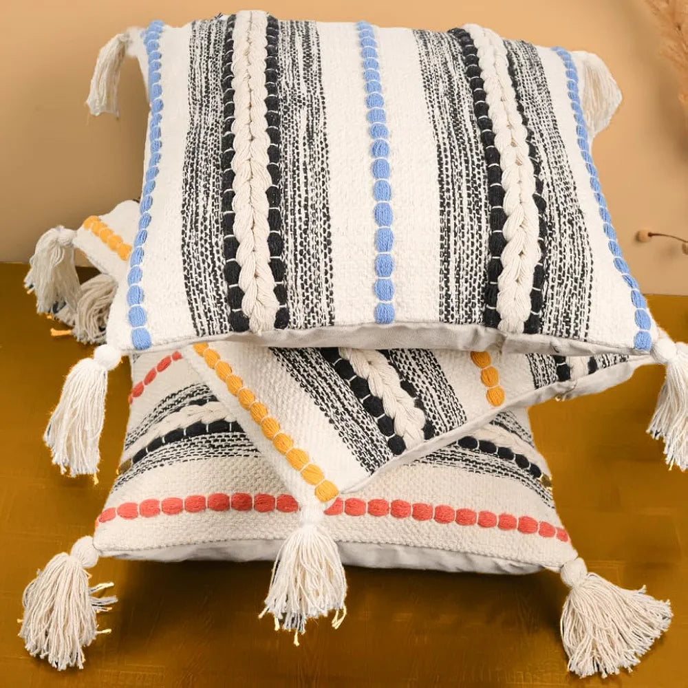 SAJAVAT HOME Cotton Cushion Cover 16X16 Inches  – Soft Decorative Cushion Cover for Sofa, Bed, or Chair – Old White & Blue, Pack of 1