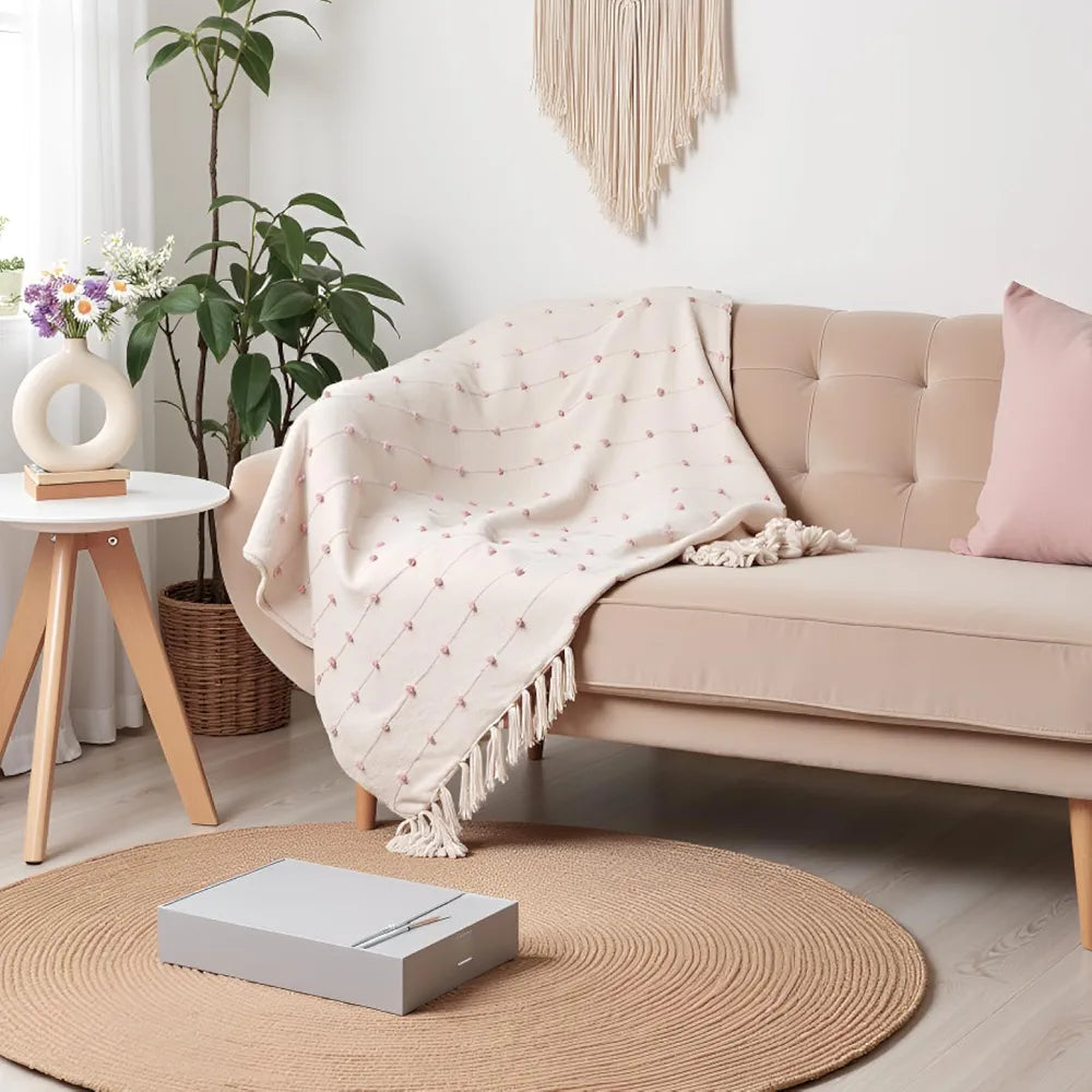 SAJAVAT HOME Hand-Knitted Pure Cotton 3 Seater Sofa Throw | 80x52 Inches/204x132 Cm | Bright Cream & Pink Throw for Sofa, Bed, Chair & Travel - Ideal for All Season | Pack of 1