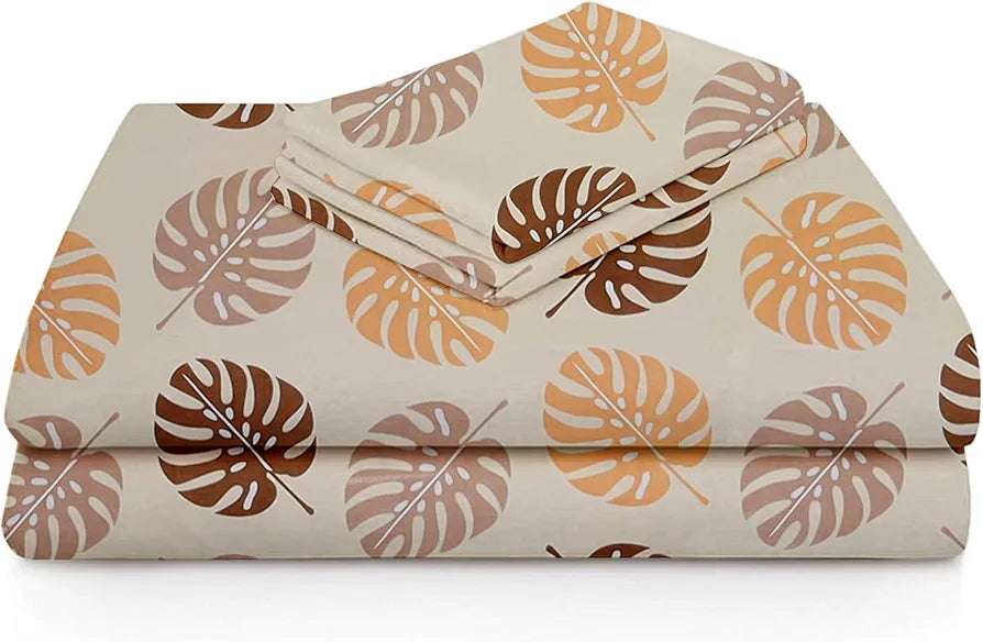 Premium Cotton Elastic Fitted Bedsheets with 2 King Size Pillow Covers Double Bed with All Around Elastic Supersoft Size - 72 x 78 +10 inches Leaf Print Beige and Brown 200 tc - 220 tc