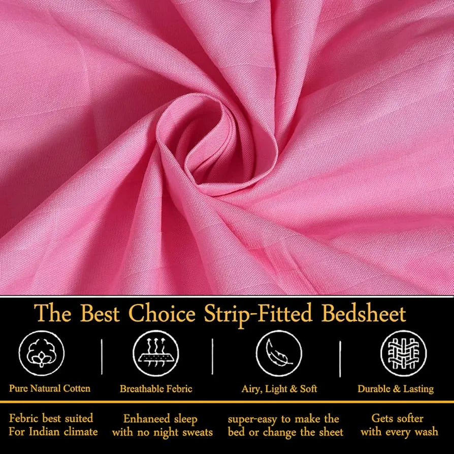 FRESH FROM LOOM 240 TC Satin Striped Elastic Fitted Bed Sheets|Bed Covers for Mattresses Tuck in|Soft Fitted King Size Bed with Two Pillow Cover 