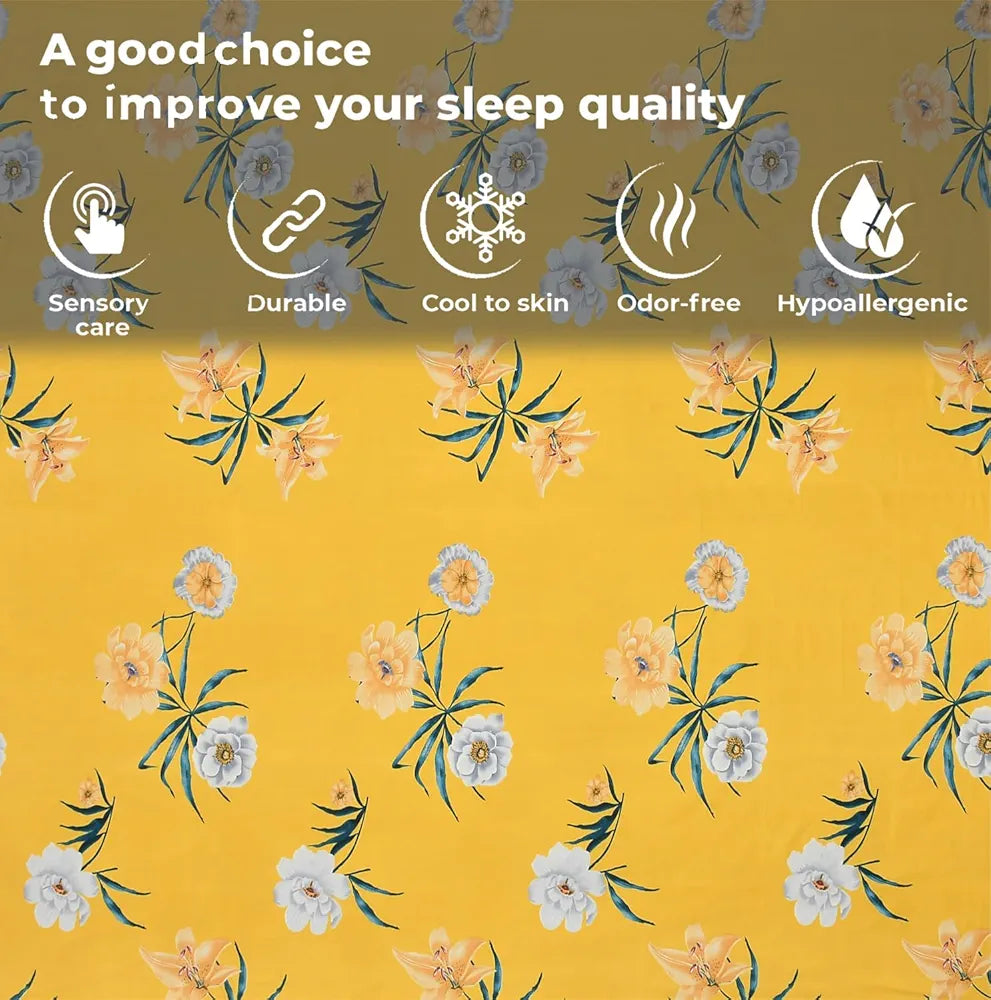 FRESH FROM LOOM King Size Soft Glace Cotton Fitted Floral Bedsheet With Two Pillow Cover,Elastic Fitted Bed Sheets,Hypoallergenic,Peach Yellow),144 TC