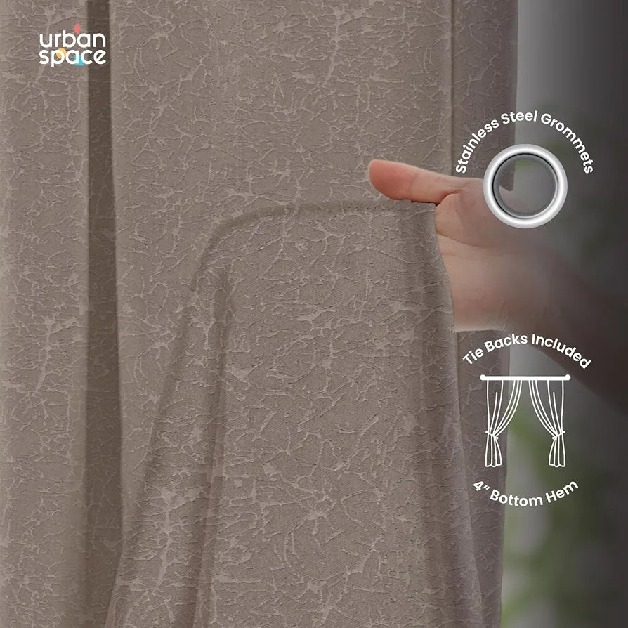 Urban Space Blackout Curtains for Door 7 Feet Long Set of 2, Embossed Abstract Design, 100% Light Blocking Curtain for Living Room, Curtains with Eyelets and Tieback 