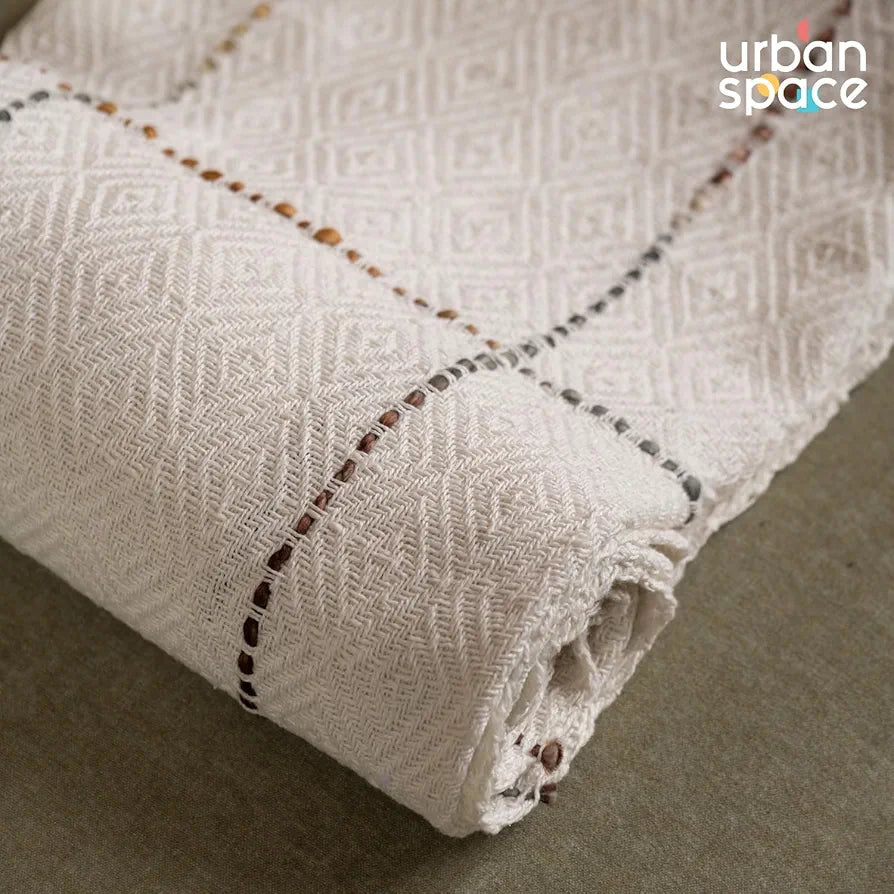 Urban Space Handmade Pure Cotton Sofa Throw Blanket, Soft Decorative Throw for Living Room, Sofa, Chair and Couch, Reversible and Breathable Throw with Tassels -200 TC
