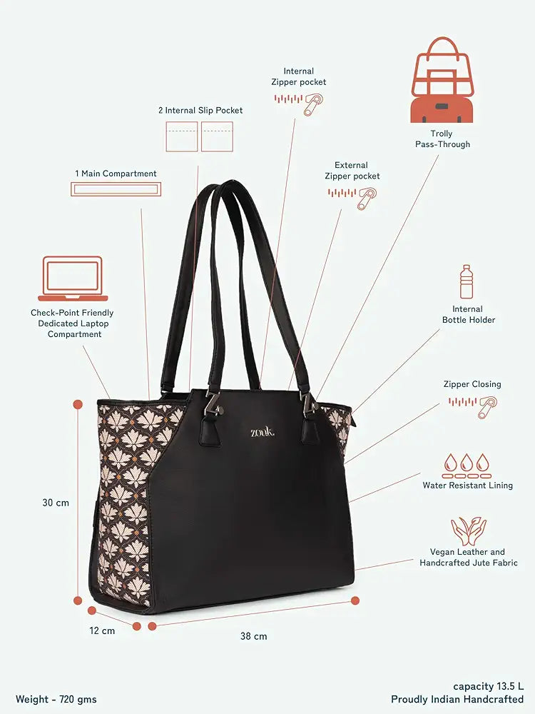 ZOUK Printed Jute Handcrafted Vegan Leather Black Women's Check-point Friendly Classic Business Bag