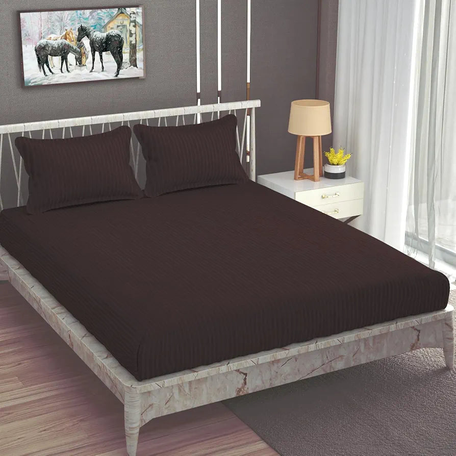 Homefab India 160 TC Stripe Cotton Feel Glace Cotton Elastic Fitted King Size Double Bed Bedsheet with 2 Pillow Covers Fits Upto 6 inches Mattress, Size-72X78 inches, Brown
