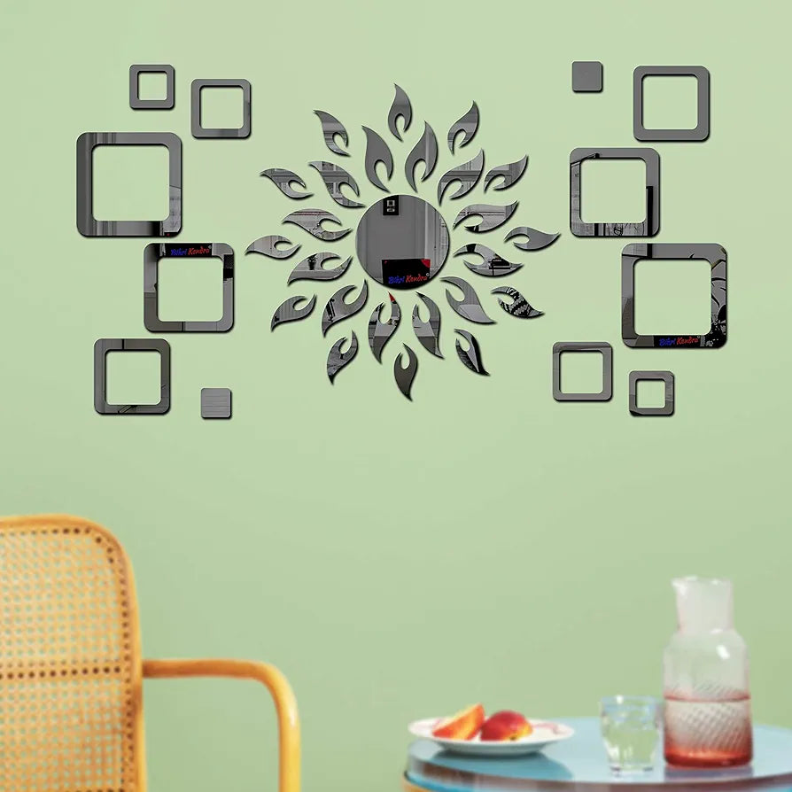 Bikri Kendra Art BK76, Sun with Square 2 Set - 3D Acrylic Wall Mount Mirror Stickers - Black