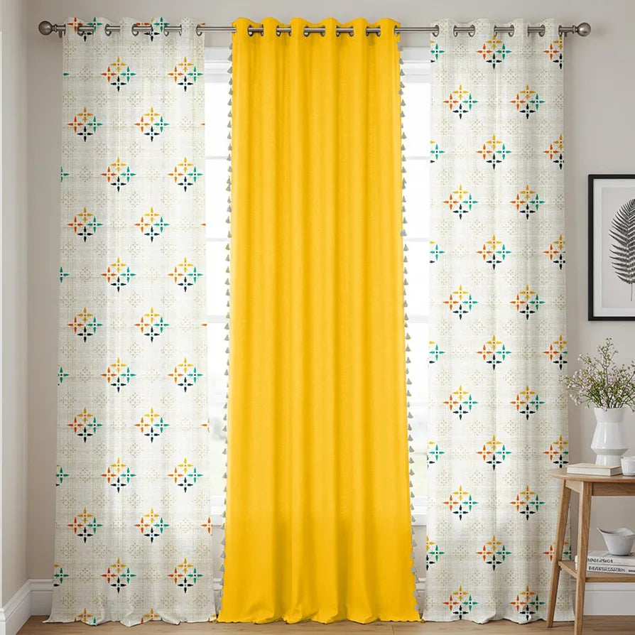 Urban Space Floral 100% Cotton Curtains For Door, Combo Set Of 3 Curtains 7 Feet Long, 60-65% Room Darkening Curtain, Tieback & Eyelets Included With Curtains For Home Decor 