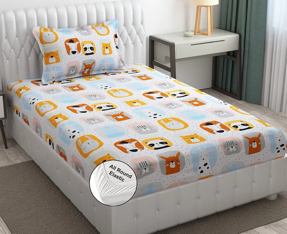 FRESH FROM LOOM Glace Cotton 300 tc Wrinkle Free Soft Hypoallergenic Elastic Fitted Cartoon Printed|Bedsheet For Boys & Girls Room |Cream/Panda), Smallsingle