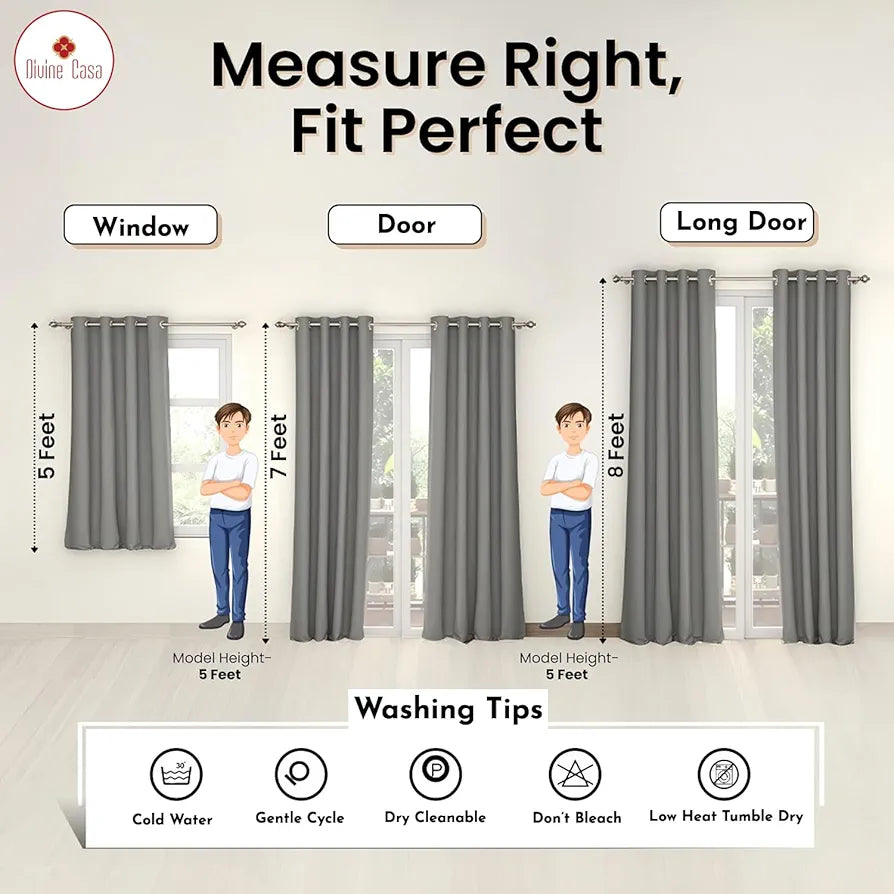 Divine Casa Super Satin Blackout Door Curtains Pack of 2 | Solid Panels for Complete Light Block | Size 7 Feet | Silky Touch & Thermal Insulation | Cool Beige