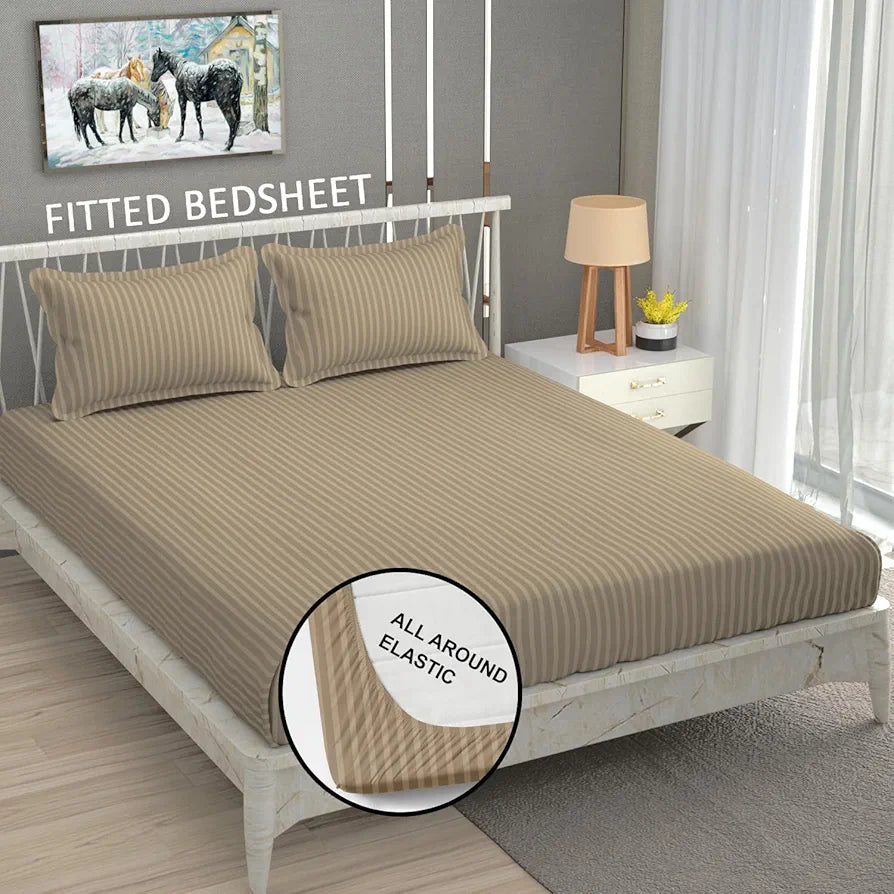 Homefab India 160 TC Stripe Cotton Feel Glace Cotton Elastic Fitted King Size Double Bed Bedsheet with 2 Pillow Covers Fits Upto 6 inches Mattress, Size-72X78 inches, Beige