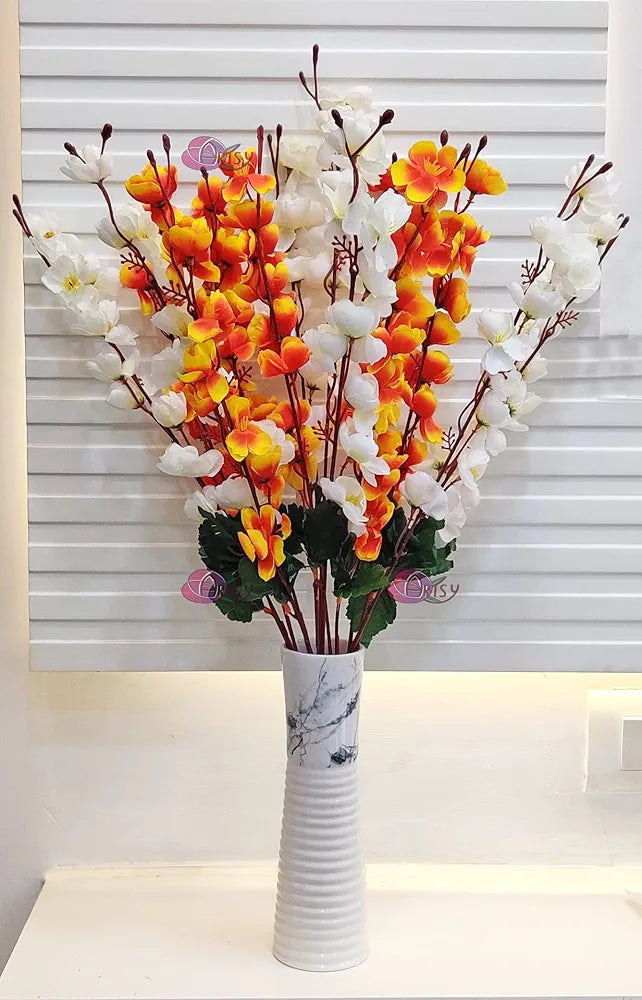 ARTSY® Artificial Flowers Bunch for Decoration Cherry Blossom, Ideal for vase, Home, Office Decor, Gifts, Craft, Artificial Plants for Decoration, Without vase, White Orange, Combo, 2 Pieces