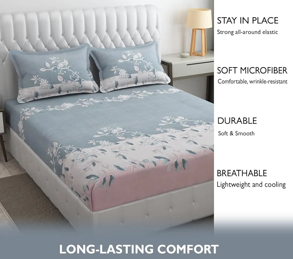 FRESH FROM LOOM King Size Floral Print Microfiber Fitted Bedsheet Set - 240 TC, Anti Fade, Includes 2 Pillow Cover | Grey, Walnut)