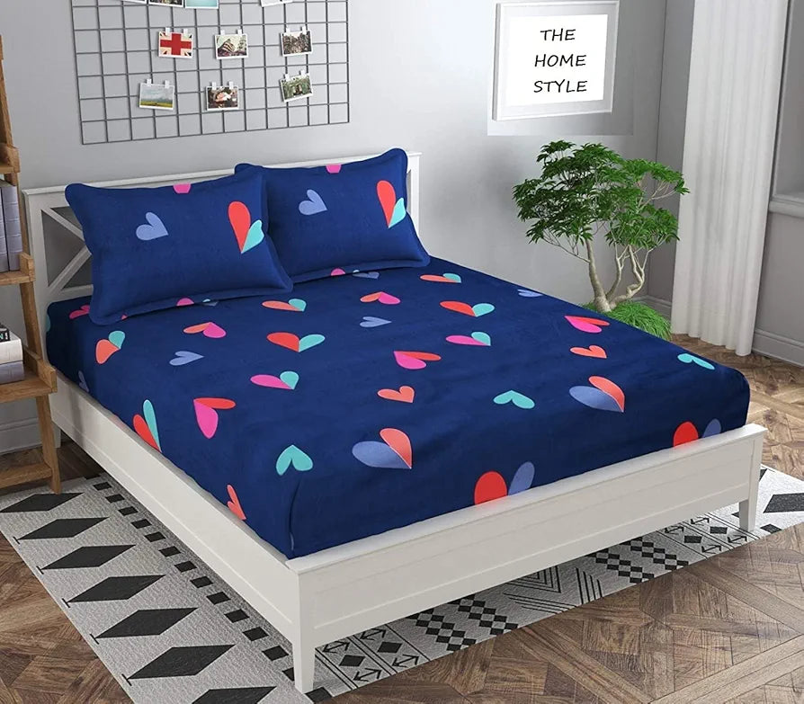 THE HOME STYLE Cotton Feel Glace Cotton All Around Elastic Fitted Printed King Size Double Bed Bedsheet With 2 Pillow Cover,300 TC