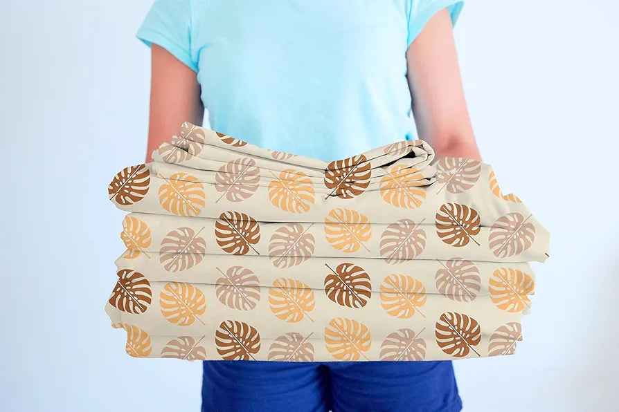 Premium Cotton Elastic Fitted Bedsheets with 2 King Size Pillow Covers Double Bed with All Around Elastic Supersoft Size - 72 x 78 +10 inches Leaf Print Beige and Brown 200 tc - 220 tc