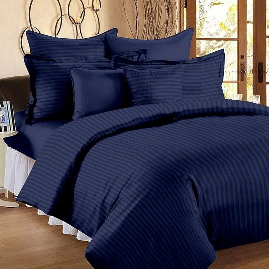 Microfiber Flat Double Bed Bedsheet| Plain Striped Cotton Bedsheet with 2 Pillow Covers for King Size Bed| Supersoft 340 TC| Breathable| Wrinklefree| Size: 90x100 inch| Navy Blue Color
