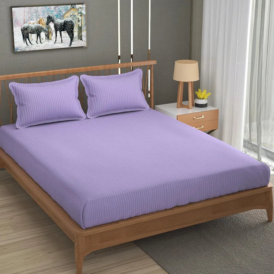 Homefab India 160 TC Stripe Cotton Feel Glace Cotton Elastic Fitted King Size Double Bed Bedsheet with 2 Pillow Covers Fits Upto 6 inches Mattress, Size-72X78 inches, Purple