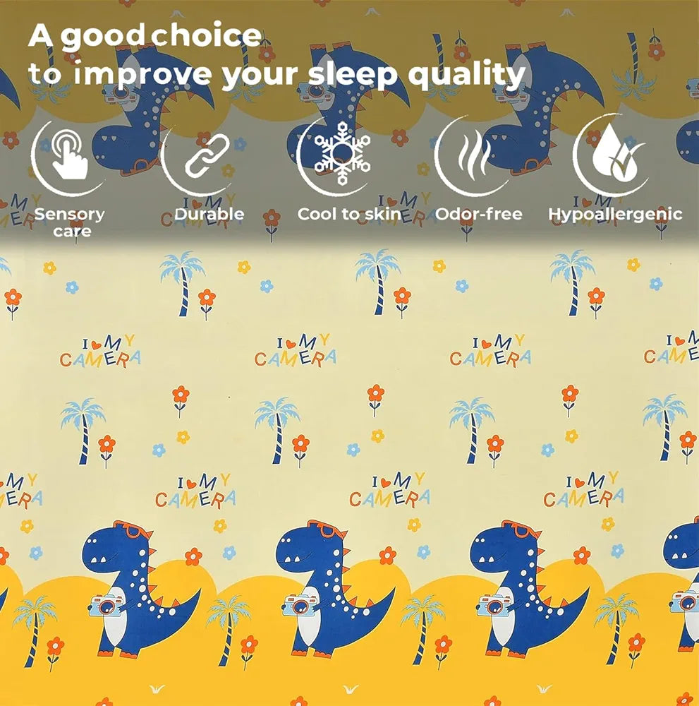 FRESH FROM LOOM Glace Cotton Wrinkle Free Soft Hypoallergenic Elastic Fitted Bed Sheet,Cartoon Printed,Bedsheet for Kids Room Boys Girls,Dinosaur),300 TC,Multicolor