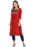 Janasya Women's Red Poly Crepe A-line Kurta