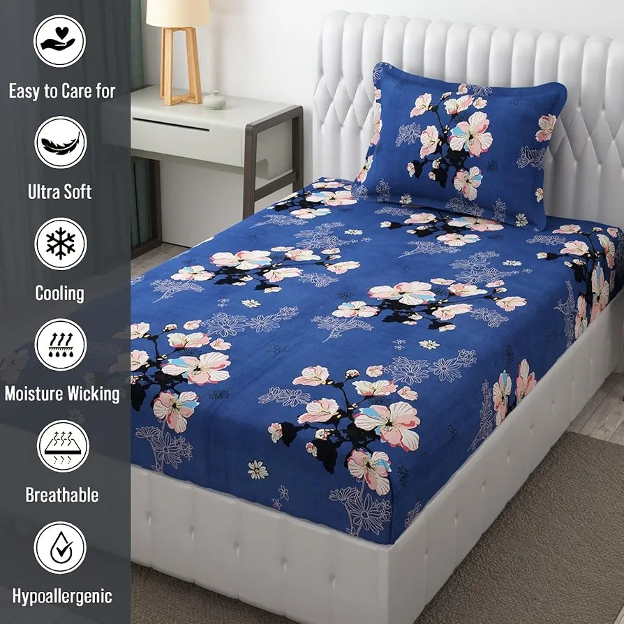 FRESH FROM LOOM Single Size Microfiber Bedsheet Set - Rotary Printed, Hypoallergenic, Wrinkle Free with 1 Pillow Covers , Blue, 144 TC
