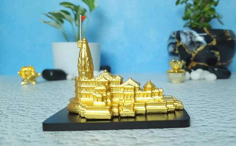 Gold Art India Ram Mandir Ayodhya Gold Plated Matte 24 Karat - Minature for Car Dashboard, Gifting, Puja Room, Office Desk, Home Decor 