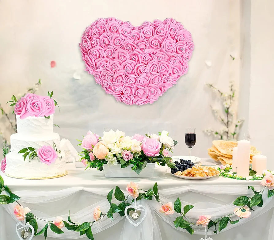 IPOPU 100pcs Pink Foam Rose Artificial Flower Bulk with Crystal 3in Real Looking Stemless Fake Roses for DIY Craft Wedding Bouquets Wall Decoration Bridal Shower Arrangement Home Decorations