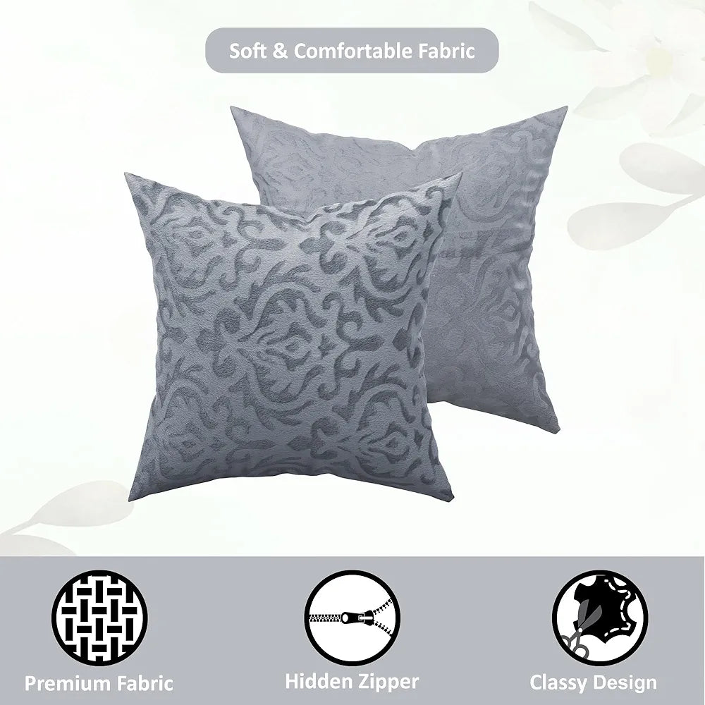 Kuber Industries Set of 5  Washable & Removable Velvet Sofa Pillow Covers with Zip | Soft Sofa Cushion Covers for Home & Bedroom Interiors | Floral Design - Grey