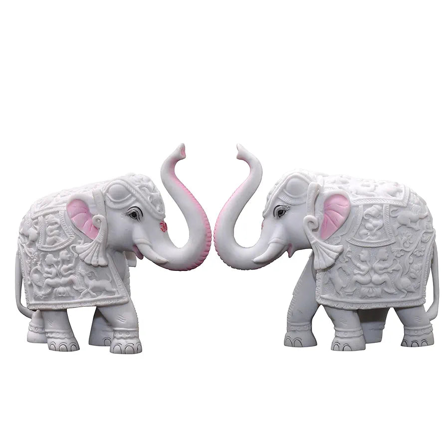 KRAFTSKALA Pack of 2 White Elephant Showpieces Home Decor for Living Room, Table, Shelf, 2 x 3 inch Elephant Marble Resin Statue for Vastu, Feng Shui, Office Decor, Gifting