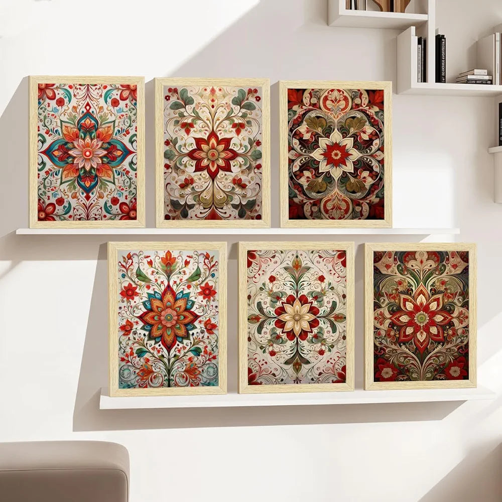 ArtX Paper Floral Patterns Botanical Art Paintings With Frame for Home Decor, Wall Painting for Living Room, Multicolor, Set of 6