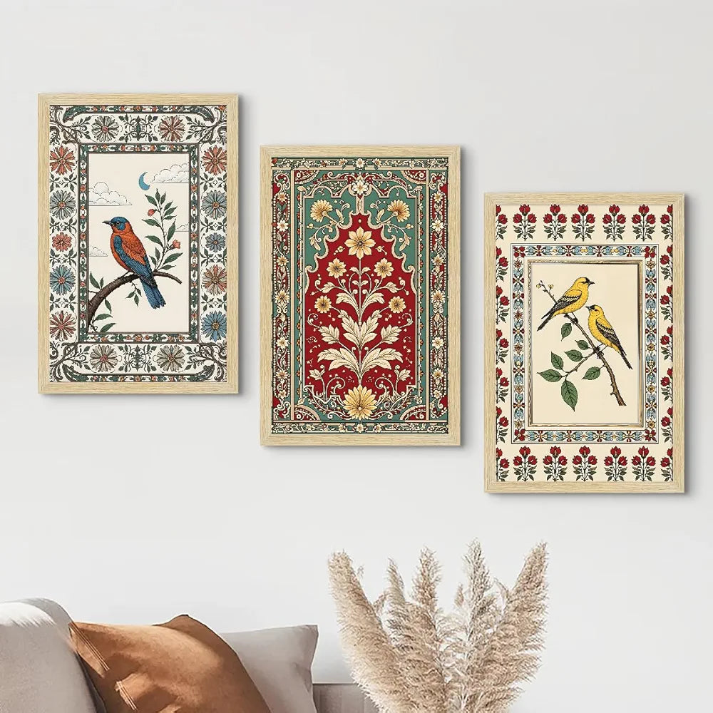 ArtX Paper Madhubani Paintings with Frame for Home Decor Wall Art, Wall Paintings for Living Room, Multicolor, Natural Wood Color Frames, 12.0x18.0 inch, Set of 3