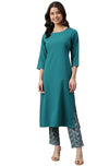 Janasya Women's Teal Green Crepe Solid Kurta with Pant